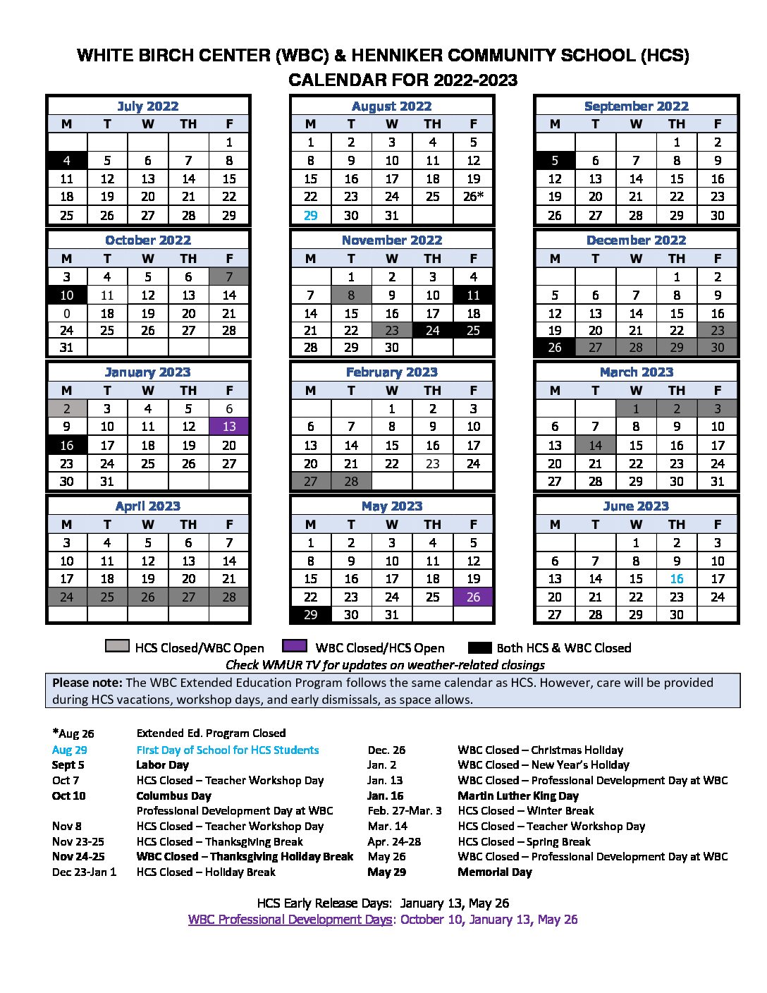 Early Learning and Extended Education Calendar - White Birch Center